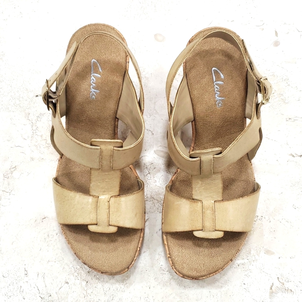 Clarks Tan Leather T-Strap Slingback Heels